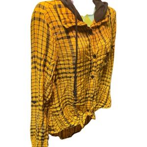 Hooded high-low tie front button down